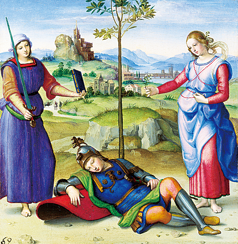 文藝復興大師拉斐爾（Raphael）的《騎士之夢》（Vision of Knight）作於約1504年，對此畫的一種解釋是：騎士夢中出現的兩個女性形象代表了理想騎士應該擁有的3樣東西：一把劍、一本書和一朵花（象徵戀人）。