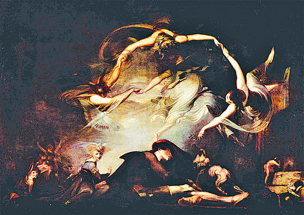 海因里希‧富塞利（Heinrich Fuseli）1793年所繪《失樂園》（Paradise Lost）之一幀《牧羊人之夢》（The Shepherd’s Dream）。