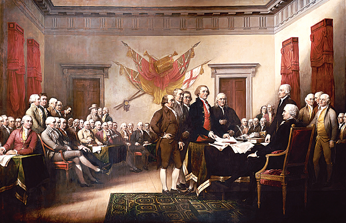 《獨立宣言》得以提交的歷史時刻。John Trumbull 1828年繪。原懸掛在美國國會大廈圓形大廳。該畫可見於2美元紙幣背面。(維基百科)