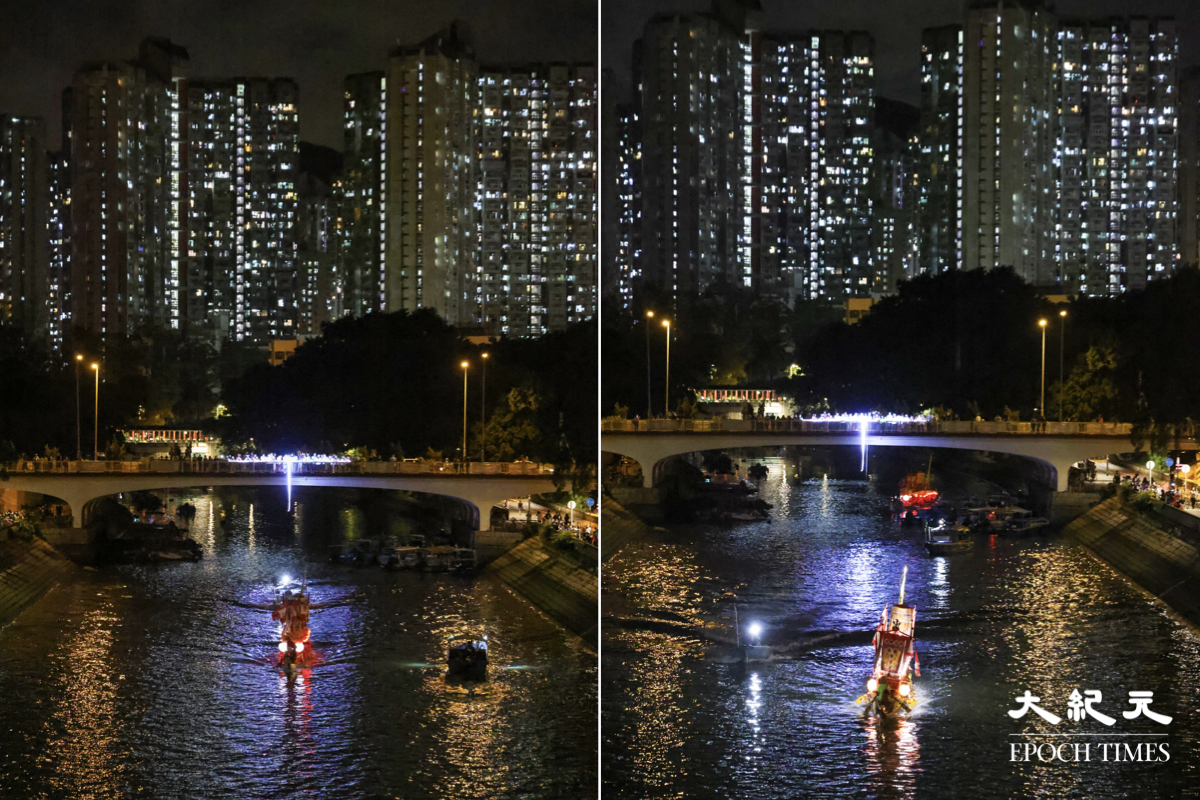 兩艘分別來自大埔鍾氏穎川堂及香港石氏宗親傳統夜龍總會的龍舟，亮起燈光來回在漆黑的林村河上巡遊。（陳仲明／大紀元）