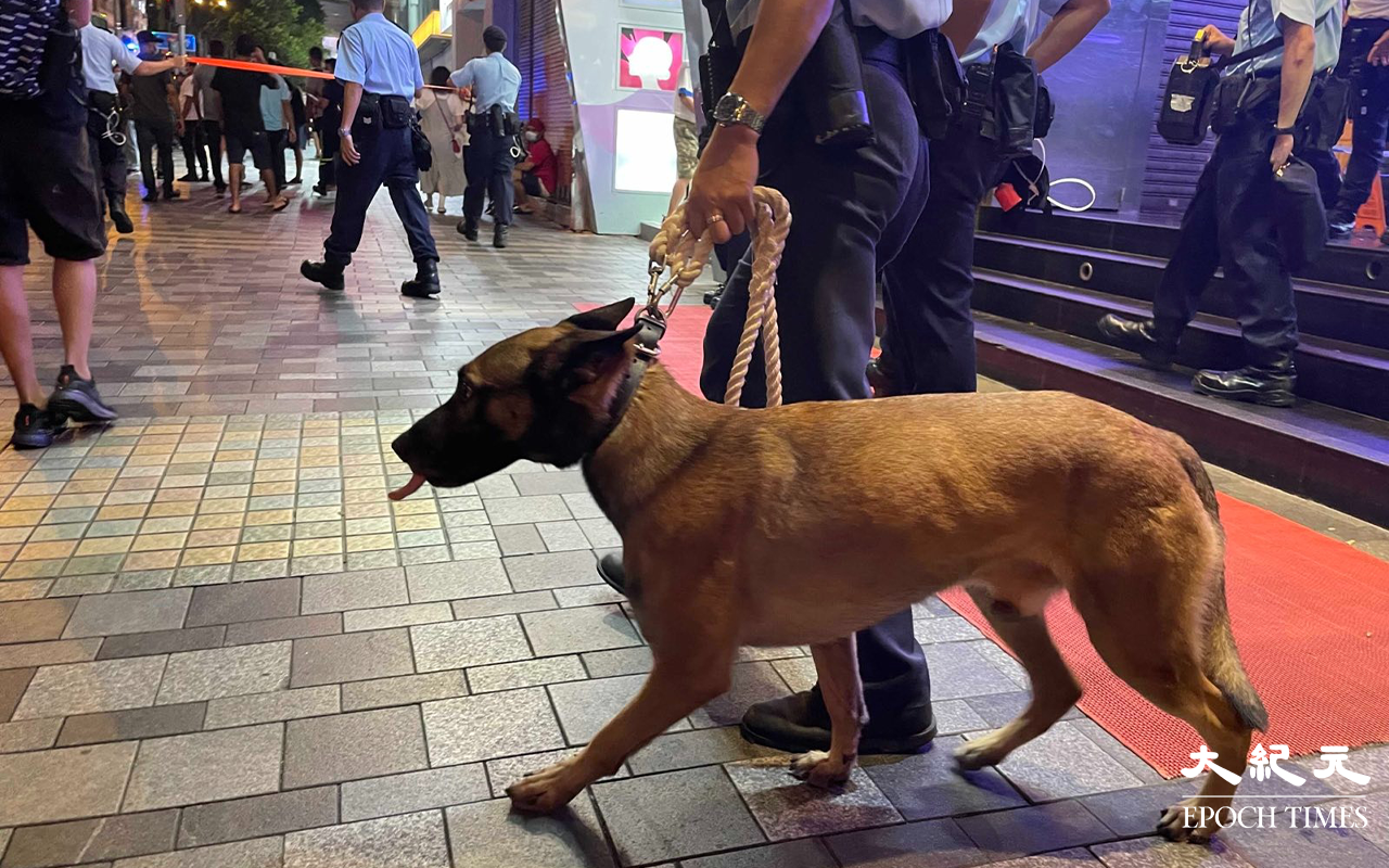傍晚，大批警員在尖沙咀重慶大廈內及一帶戒備，期間警方曾出動警犬。（卓相如／大紀元）