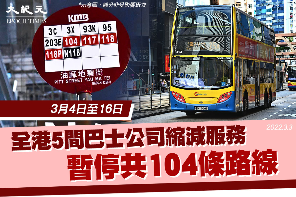 運輸署昨晚（2日）宣布，批准九巴、新巴、城巴、龍運巴士及新大嶼山巴士縮減服務水平。（大紀元製圖）