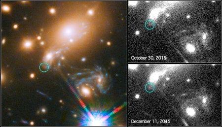 星系團MACS J1149.5+2223中雷夫斯達爾超新星天文景象。右上圖為2015年10月30日的圖像；右下圖為2015年12月11日的圖像。（NASA/ESA/P. Kelly(University of California, Berkeley)）